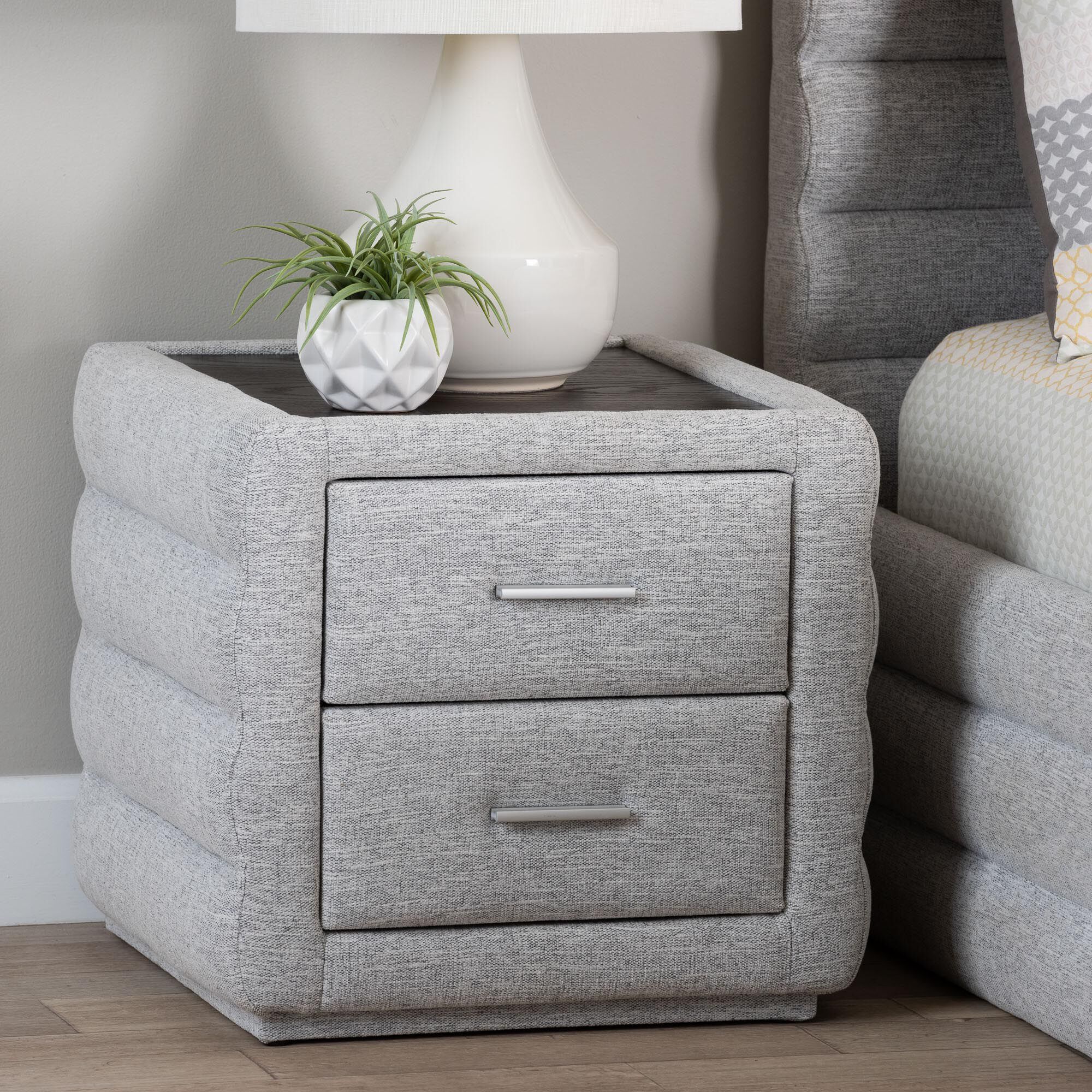 Cadmus Modern Light Grey Channel-Tufted Fabric 2-Drawer Nightstand, GREY, hi-res image number 0