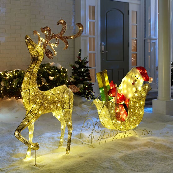 Glitter Reindeer With Santa Sleigh Plus Size Outdoor Christmas