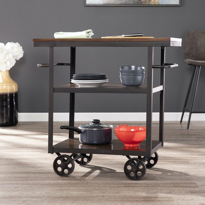 Elystan Industrial Rolling Kitchen Island, BROWN, hi-res image number 0