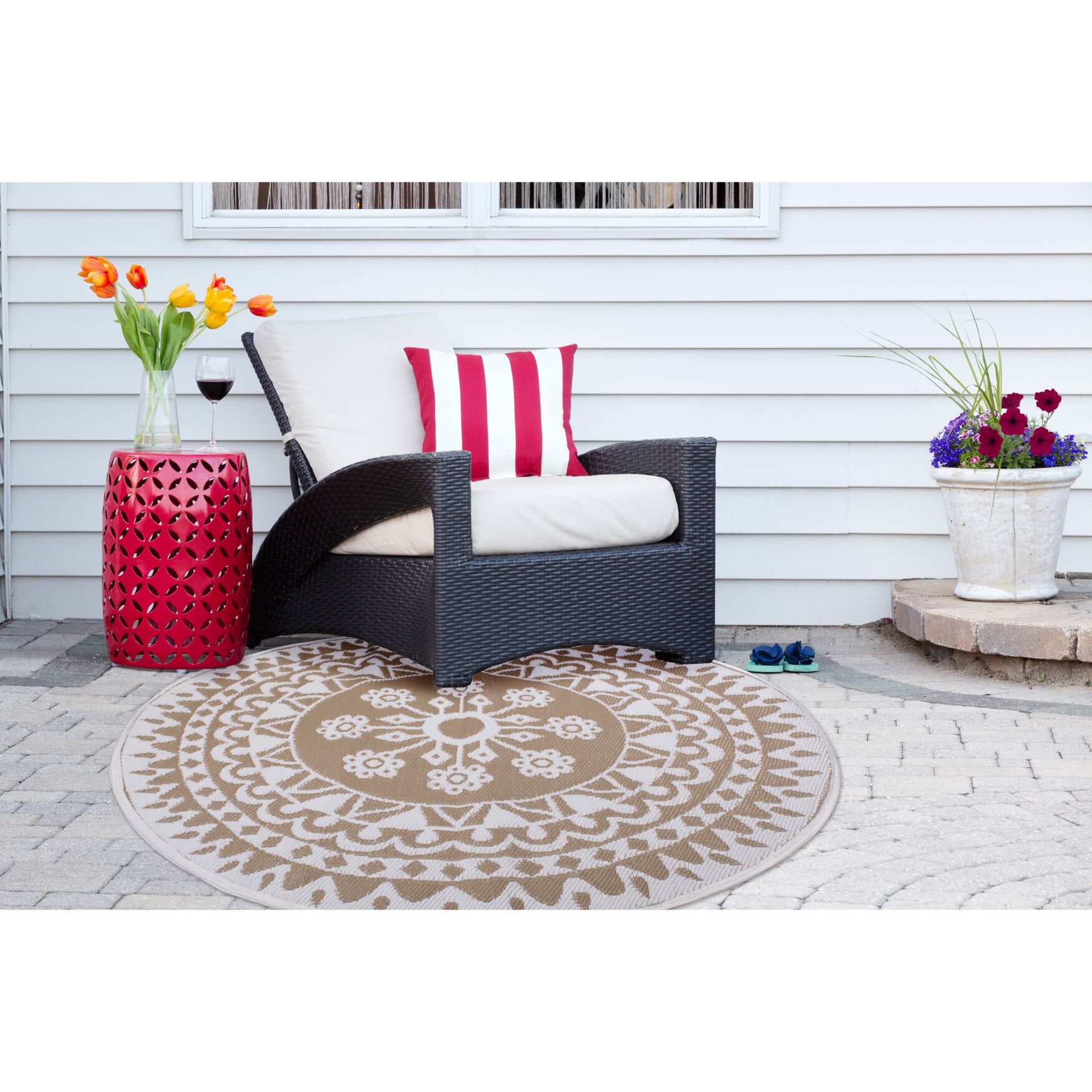 Taupe Floral Outdoor Rug 5 Ft Round Floor Coverings, , alternate image number 3