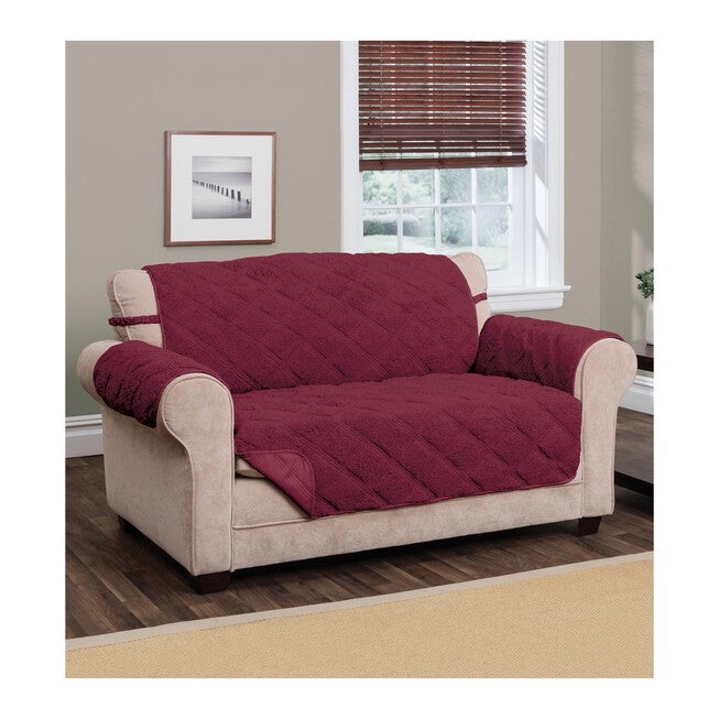 Hudson Reversible Sherpa to Microfiber Loveseat Furniture Cover, BURGUNDY, hi-res image number 0