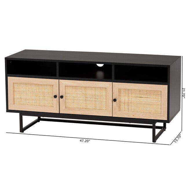 Declan Mid-Century Modern Espresso Brown Finished Wood And Natural Rattan 3-Door Tv Stand, , alternate image number null