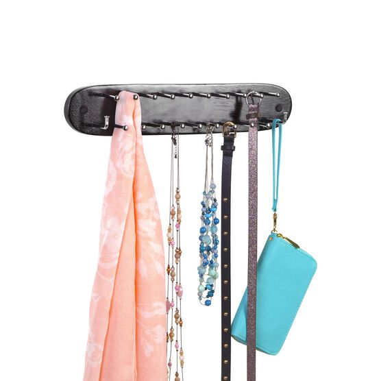 Closet Tie Rack, Belt Scarf Hanger-Natural Dark Walnut Wood With Chrome Hooks-Multi Accessory Wall Mounted Holder For Storage And Organization, , alternate image number null