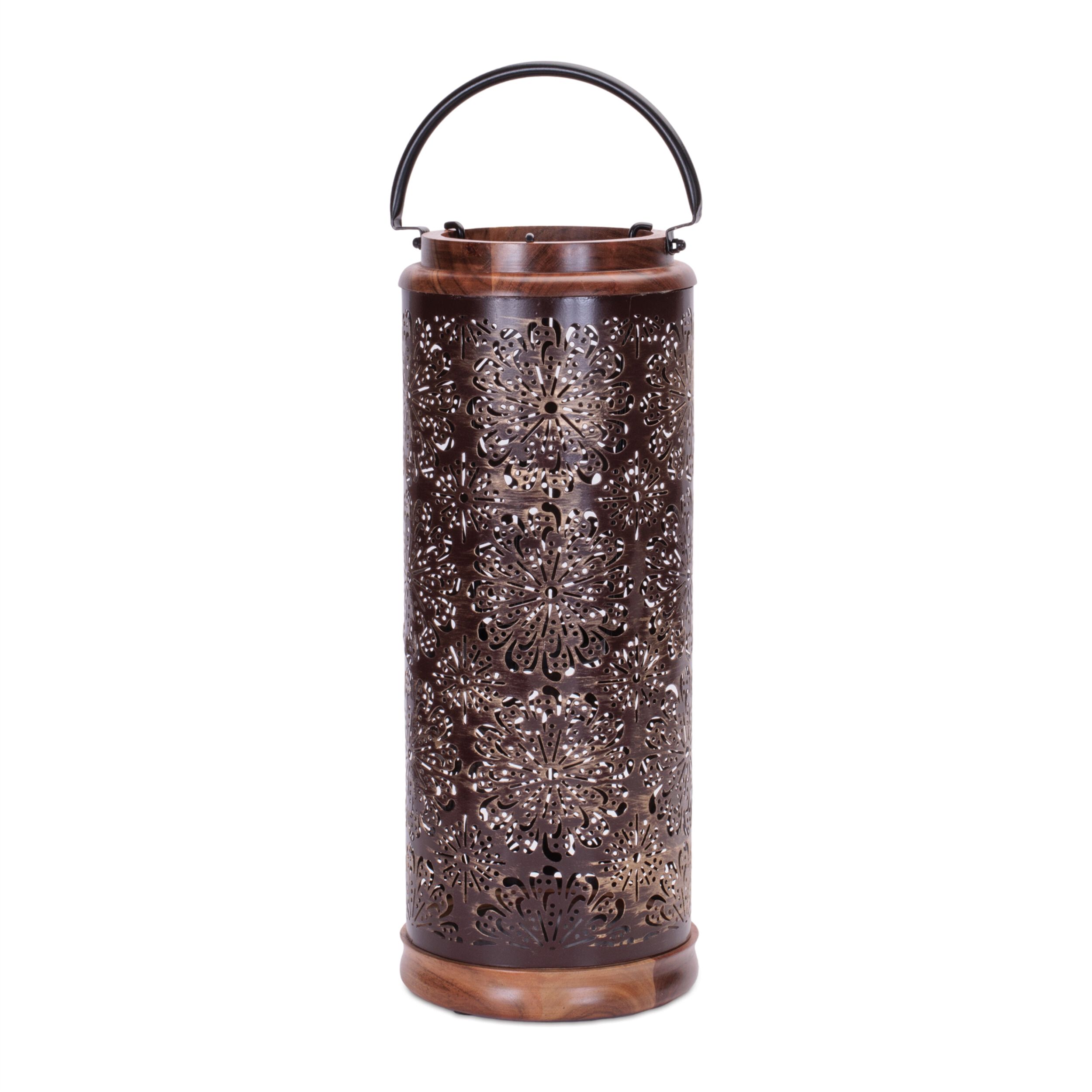 Punched Metal Lantern with Natural Wood Accents 19INH, BROWN, hi-res image number 0