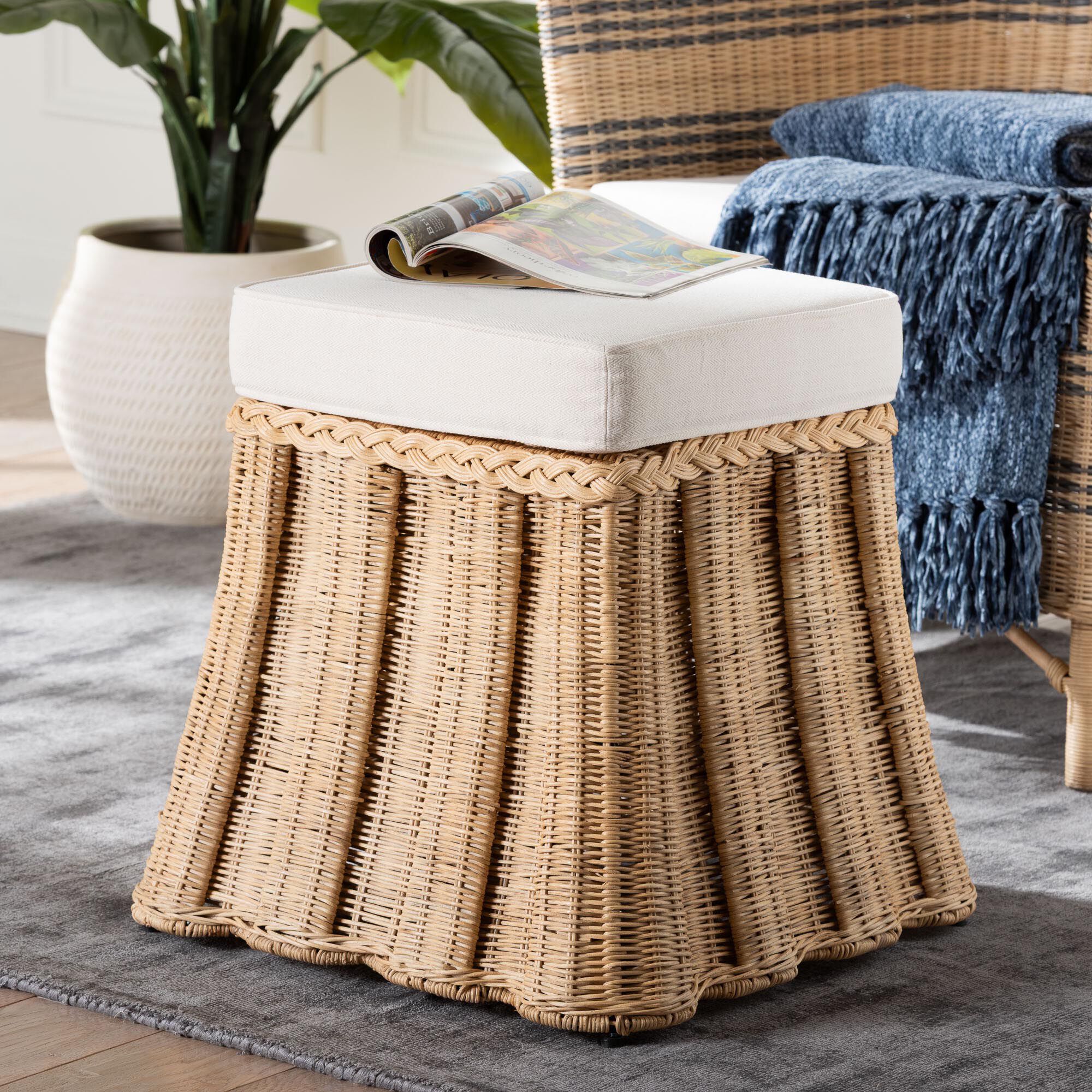 Rotem Natural Rattan Ottoman with Cushion, BROWN, alternate image number 6