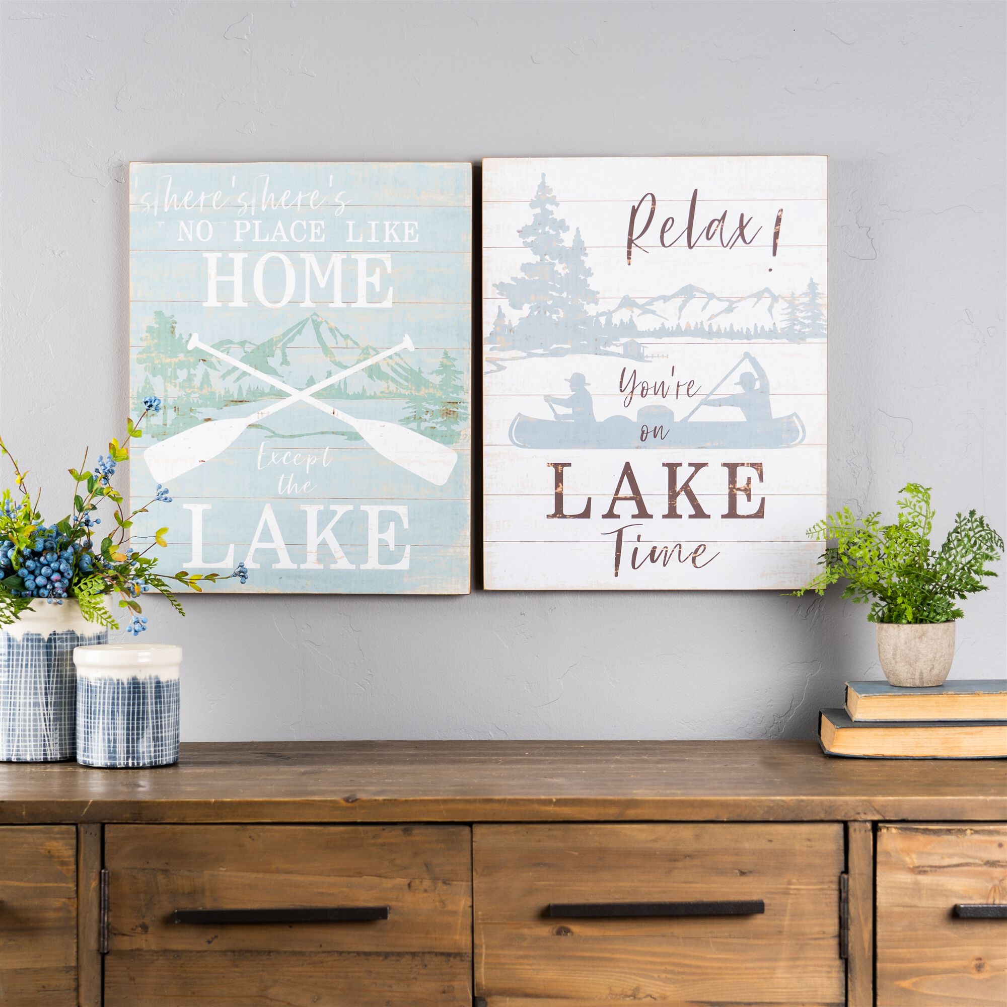 Wooden Lake Life Sentiment Sign (Set of 2), WHITE BROWN BLUE, alternate image number 3