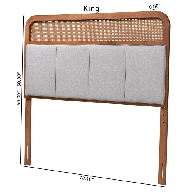 Esti Mid-Century Modern Light Grey Fabric And Ash Walnut Finished Wood King Size Headboard With Rattan, , alternate image number null