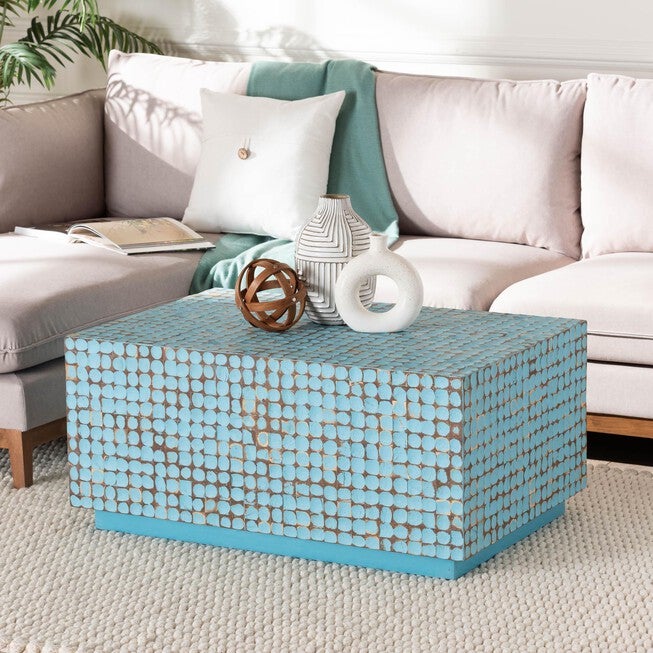 Nitza Bohemian Coconut Shell and Acacia Wood Coffee Table, BLUE, hi-res image number null