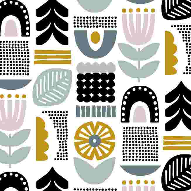 Close-up of the patterned fabric design on the Helsinki Block Counter Stool, featuring geometric and floral motifs.