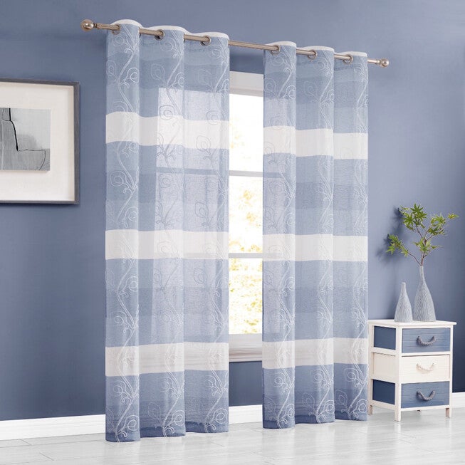Silvia Semi Sheer Floral Grommet Panel Pair, BLUE, hi-res image number null