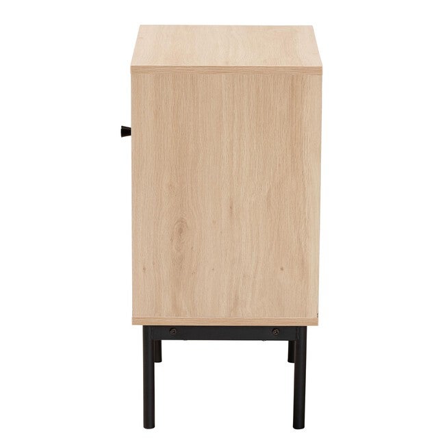 Sherwin Mid-Century Modern Light Brown And Black 1-Door Cabinet With Woven Rattan Accent, , alternate image number null