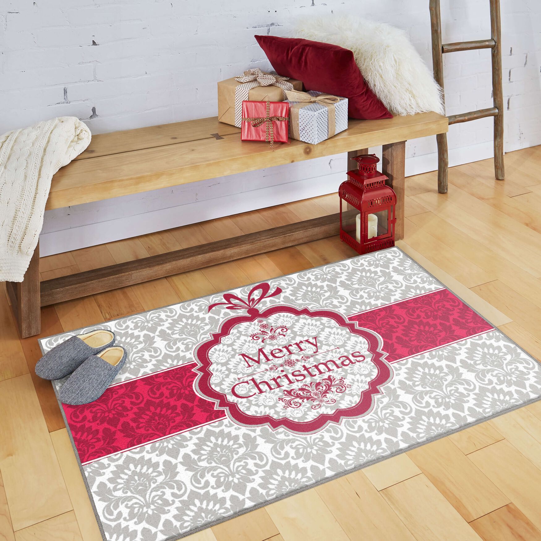 Christmas Damask Grey Kitchen Rug, , alternate image number 4