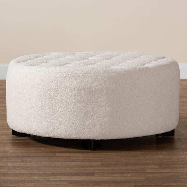 Athena Modern And Contemporary Ivory Boucle Upholstered And Black Finished Wood Round Ottoman, , alternate image number null
