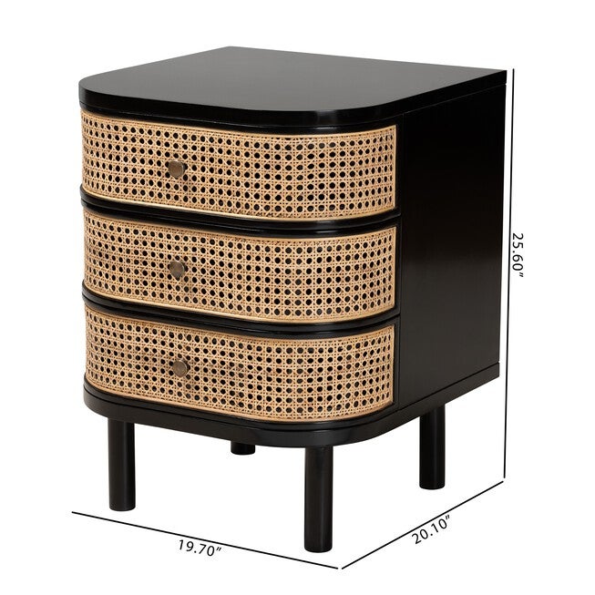 Nabila Modern Bohemian Black Bayur Wood And Natural Rattan 3-Drawer End Table Nightstand, , alternate image number 9