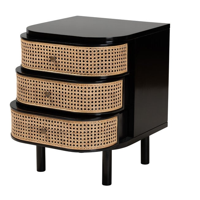 Nabila Modern Bohemian Black Bayur Wood And Natural Rattan 3-Drawer End Table Nightstand, , on-hover image number 1