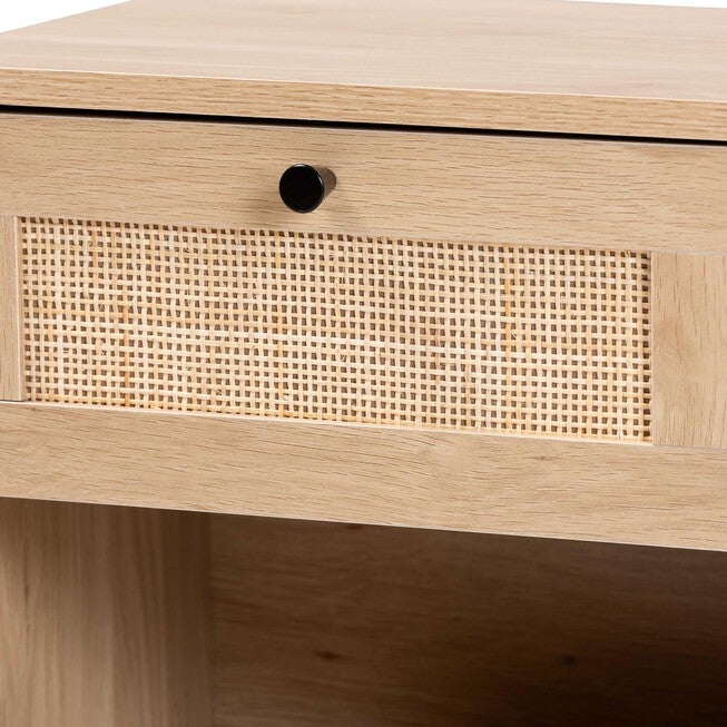 Sherwin Mid-Century Modern Light Brown And Black 1-Drawer End Table With Woven Rattan Accent, , alternate image number 4