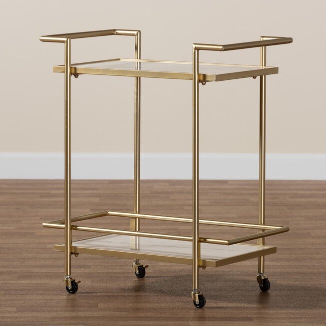 Louise Contemporary Glam And Luxe Gold Metal And White Marble 2-Tier Wine Cart, , alternate image number 6