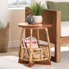 Derenik Natural Rattan and Mahogany Wood End Table - Boho Accent Side Table with Woven Basket Base