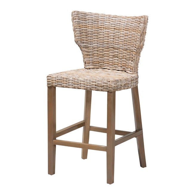 Enver Modern Bohemian Grey Kubu Rattan And Mahogany Wood Counter Stool, GREY TAUPE, hi-res image number null