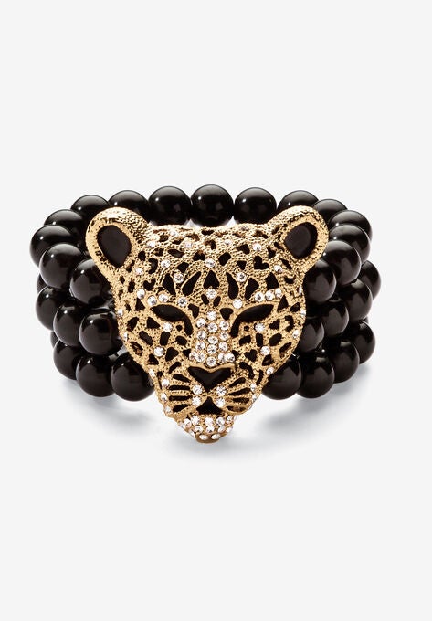 Goldtone Onyx Leopard Stretch Bracelet (42mm), Round Crystal, 8.5", GOLD, hi-res image number null