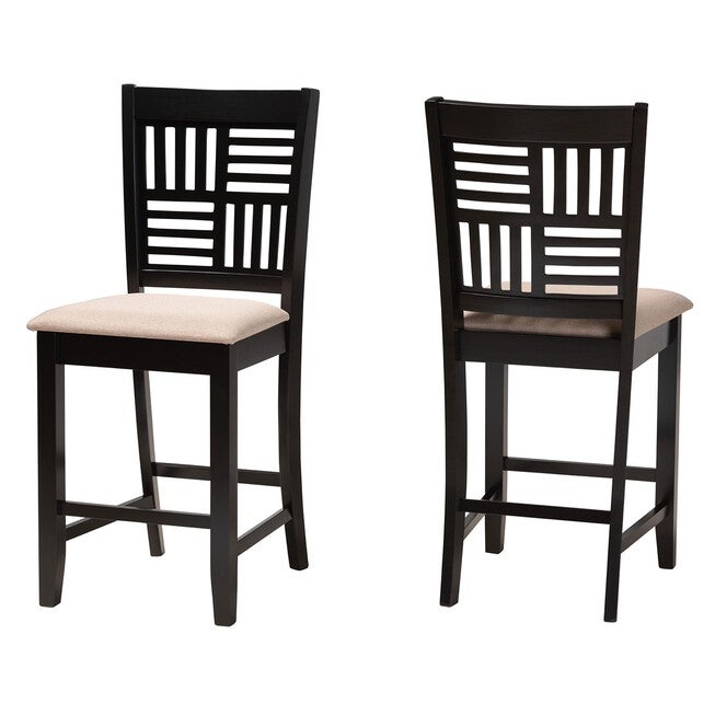 Deanna Modern Beige Fabric And Dark Brown Finished Wood 2-Piece Counter Stool Set, BEIGE DARK BROWN, hi-res image number null