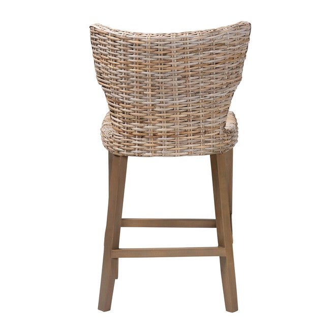 Enver Modern Bohemian Grey Kubu Rattan And Mahogany Wood Counter Stool, , alternate image number null