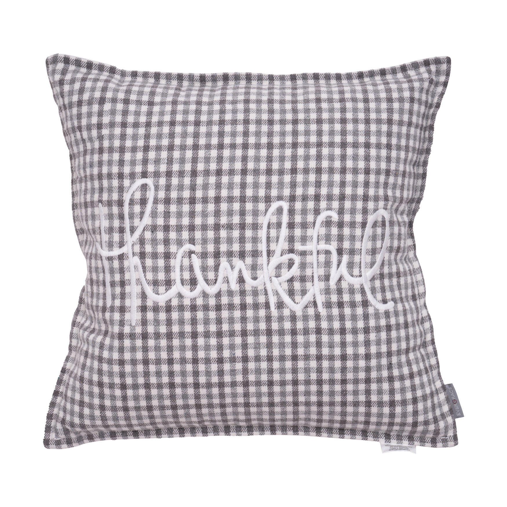 Brenner Plaid Thankful Sentiment Square Pillow, GRAY, hi-res image number 0