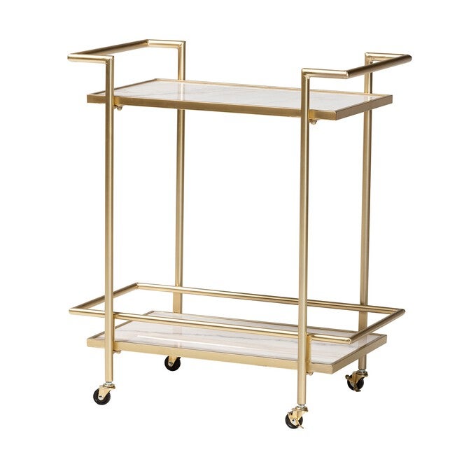 Louise Contemporary Glam And Luxe Gold Metal And White Marble 2-Tier Wine Cart, GOLD WHITE MARBLE, hi-res image number 0