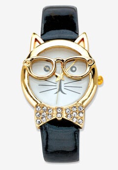 Gold Tone Bowtie Cat Watch with Adjustable Black Strap 8"