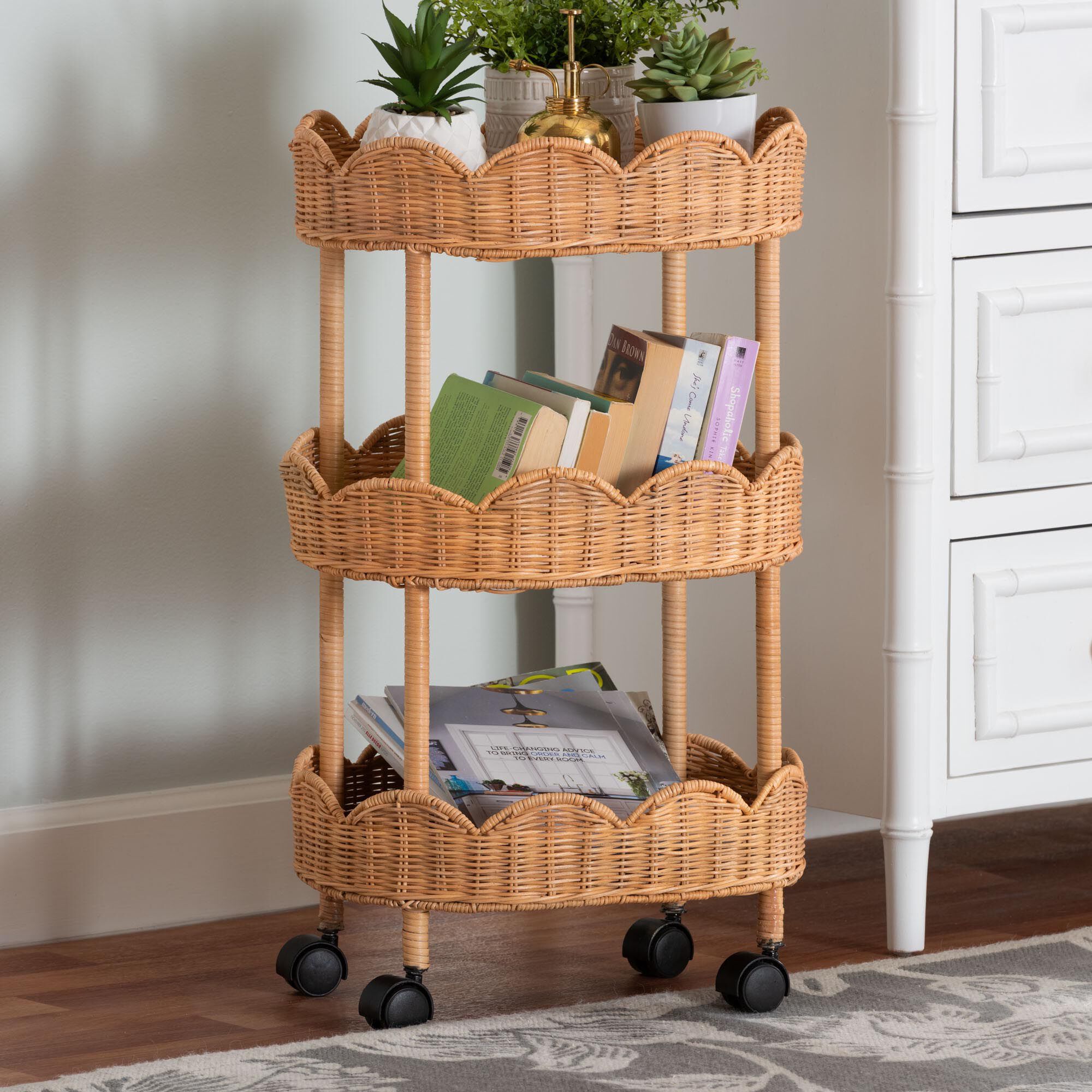 Bulana Natural Rattan 3-Tier Rolling Storage Cart, HONEY, hi-res image number 0