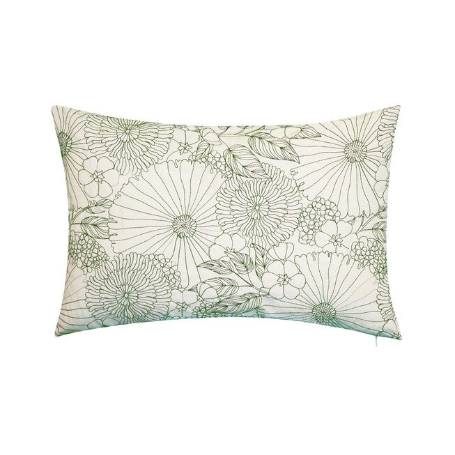 Fine Line Embroidered Floral 14x21 Indoor Outdoor Decorative Lumbar Pillow, GREEN, hi-res image number 0
