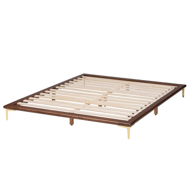 Channary Mid-Century Modern Transitional Walnut Brown Finished Wood And Gold Metal King Size Bed Frame, , alternate image number null