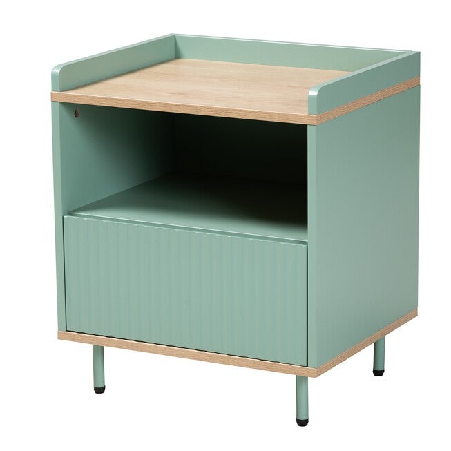 Tavita Mid-Century Modern Two-Tone Mint Green And Oak Brown Finished Wood 1-Drawer End Table, BROWN MINT GREEN, hi-res image number 0