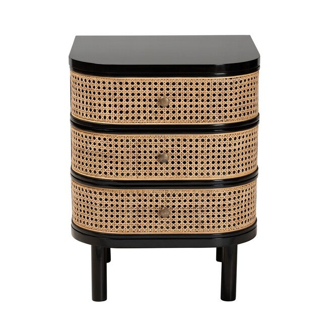 Nabila Modern Bohemian Black Bayur Wood And Natural Rattan 3-Drawer End Table Nightstand, , alternate image number 2