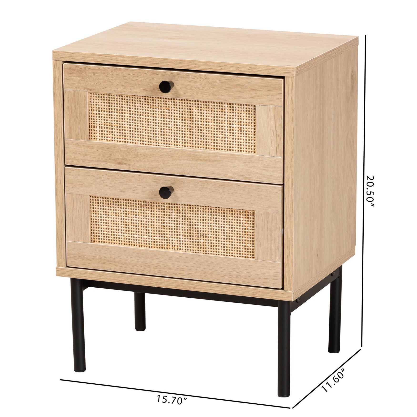 Sherwin Mid-Century Modern Light Brown And Black 2-Drawer End Table With Woven Rattan Accent, , alternate image number 9