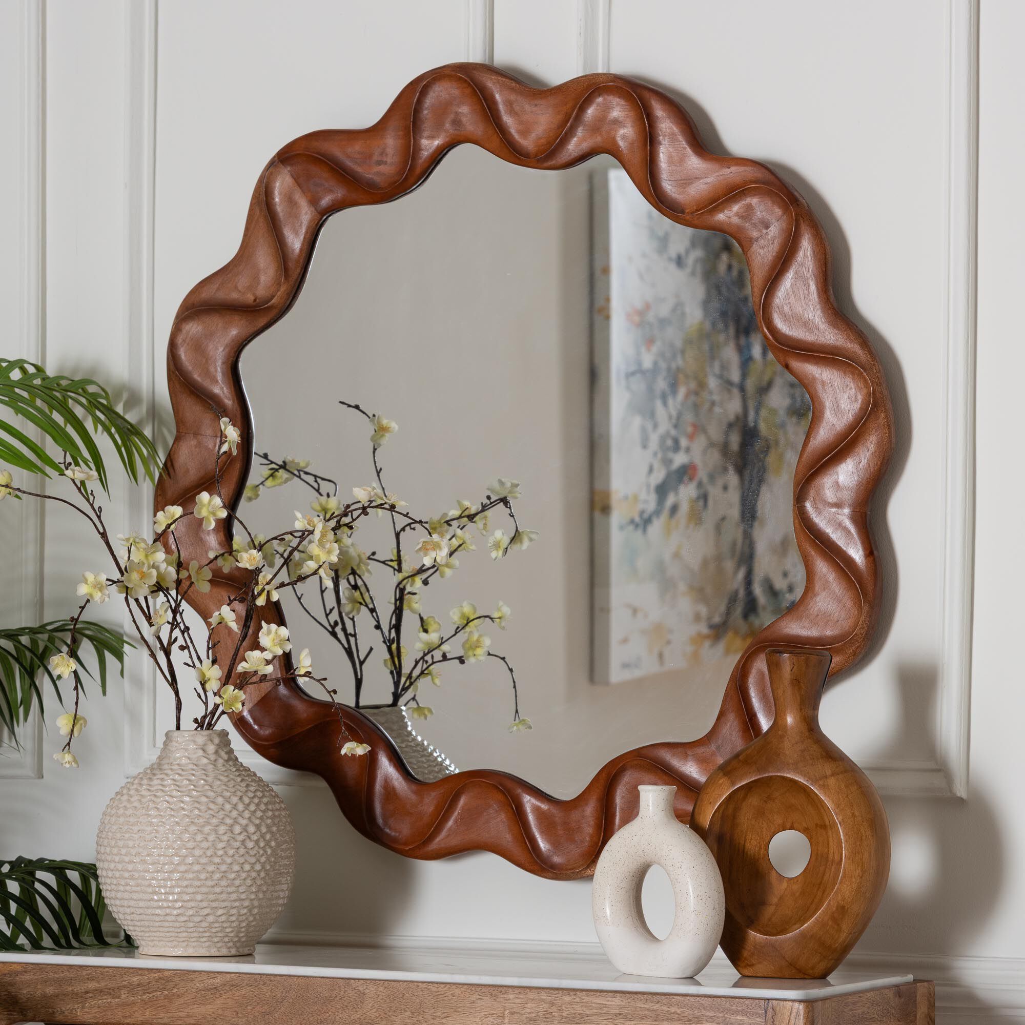 Bahati Round Wall Mirror with Sculpted Wavy Frame | Woman Within