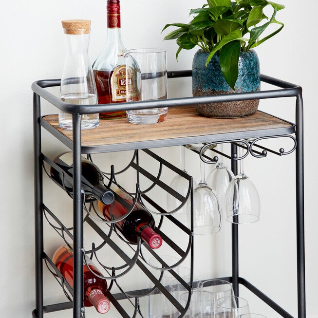 Brown Chinese Fir and Metal Industrial Bar Cart, 30x20x15, , alternate image number null