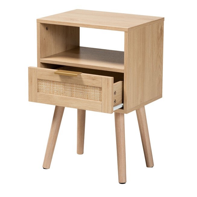 Emmett Mid-Century Modern Light Brown Finished Wood 1-Drawer End Table, , on-hover image number null