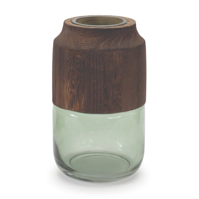 Sage Glass Vase with Wood Accent 9 inchesH, GREEN/BROWN, hi-res image number null