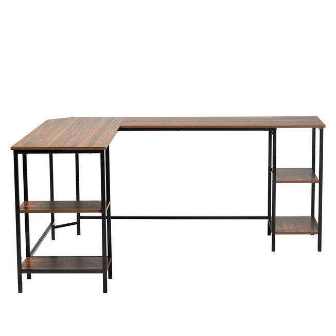Lydia Modern Walnut Brown Finished Wood And Black Metal L-Shaped Corner Desk With Shelves, , on-hover image number null