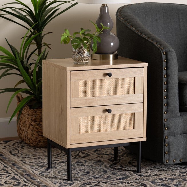 Sherwin Mid-Century Modern Light Brown And Black 2-Drawer End Table With Woven Rattan Accent, , alternate image number 7