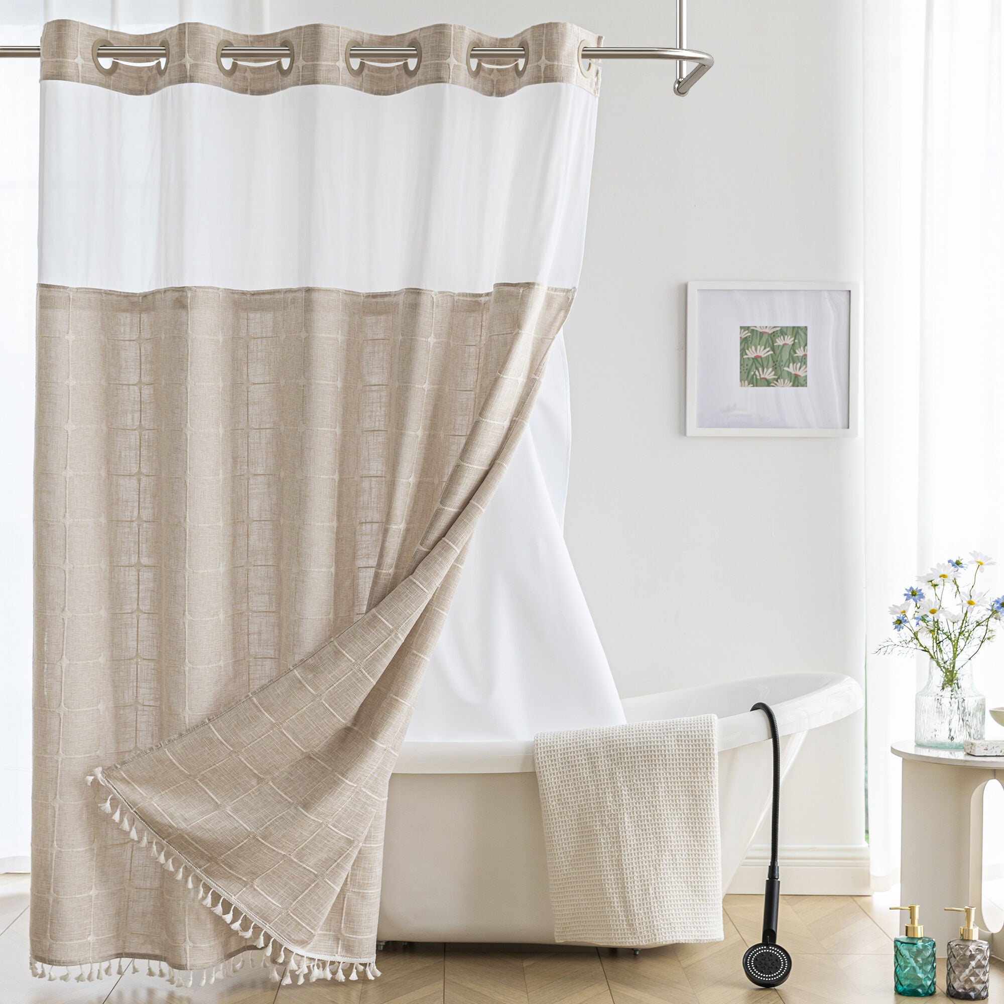 No Hook Geometric Tassels Shower Curtain with Snap-in Liner, CREAM, alternate image number 1