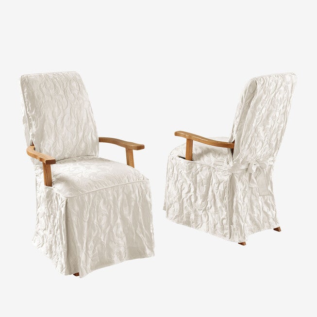 Matelasse Long Dining Room Chair Cover with Arms, WHITE, hi-res image number 0