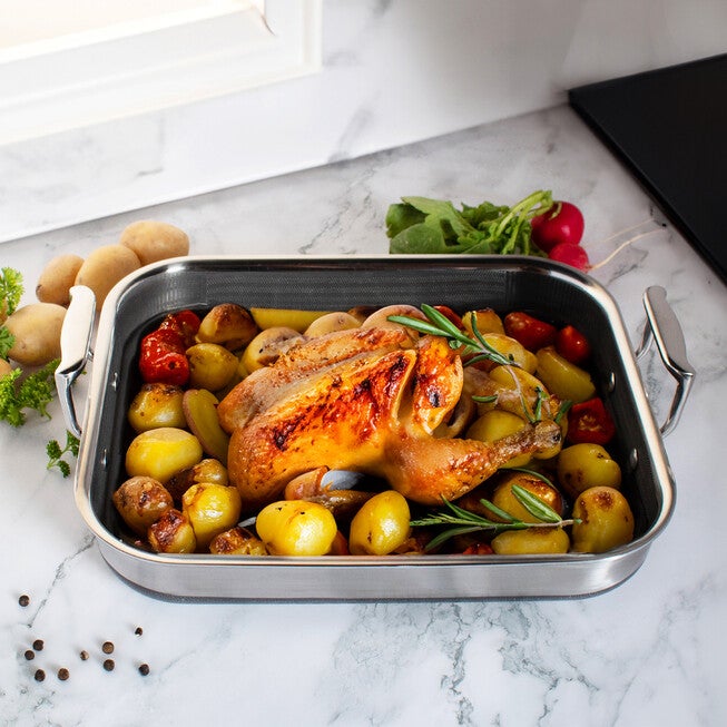 LIVWELL DiamondClad™ 14-inch Hybrid Nonstick Stainless Steel Roasting Pan with Basket, Dishwasher Safe, PFOA-free – Silver/Black, SILVER, on-hover image number 1