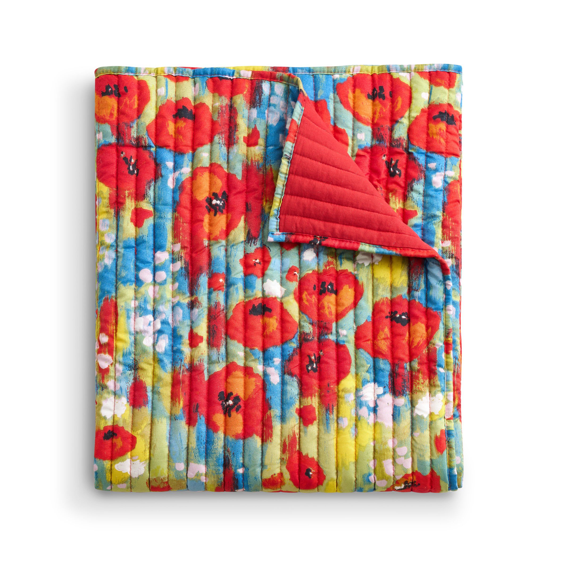 Poppies Modern Floral Quilted Throw Blanket, RED, on-hover image number 1