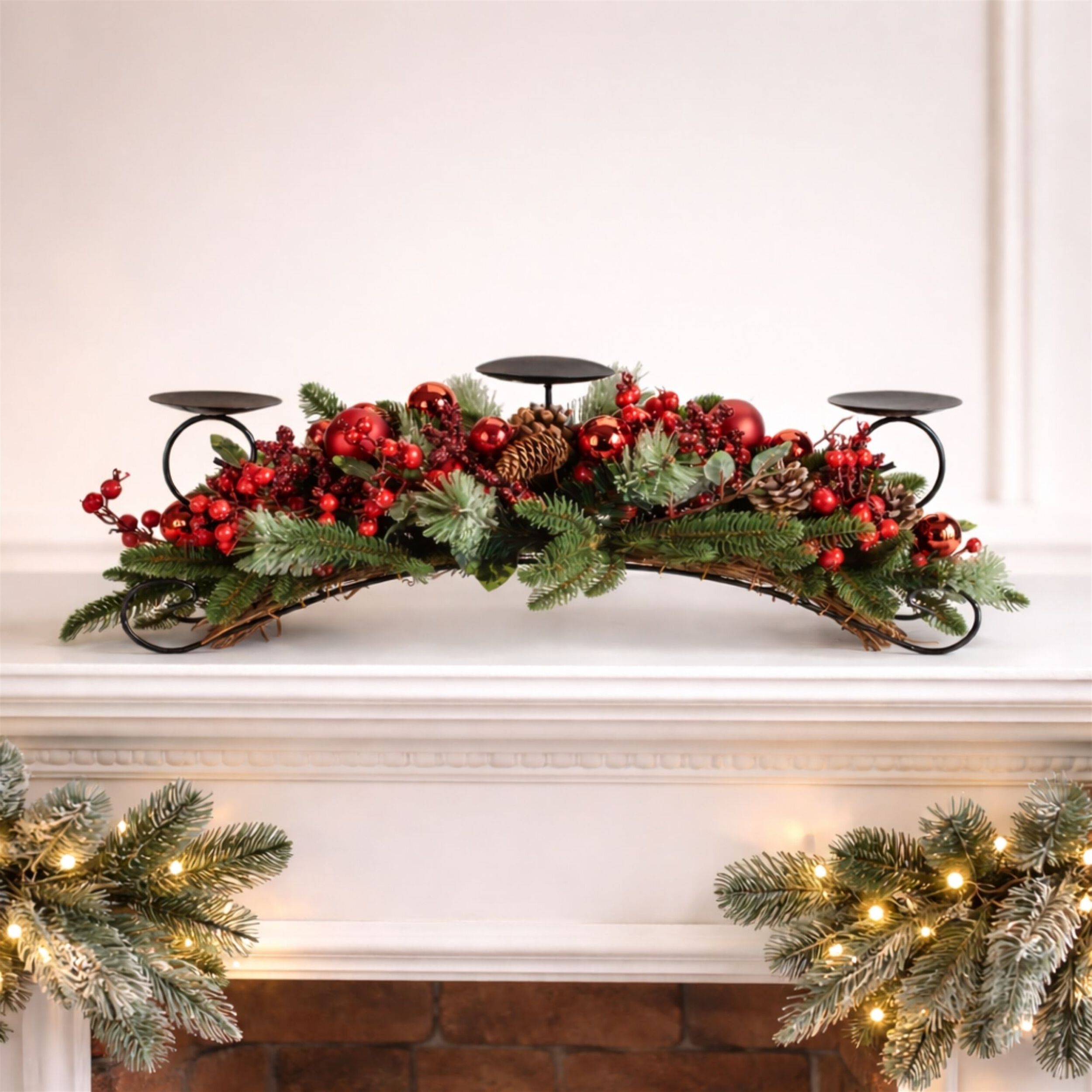 Decorated Pine and Berry Centerpiece Candle Holder 29 inchesL, RED BROWN GREEN, hi-res image number 0