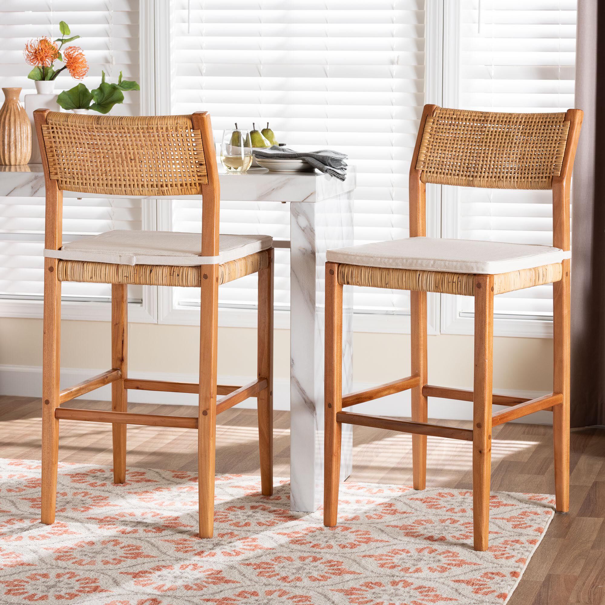 Chatura Natural Rattan and Mahogany Wood 2-Piece Bar Stool Set, HONEY, hi-res image number 0