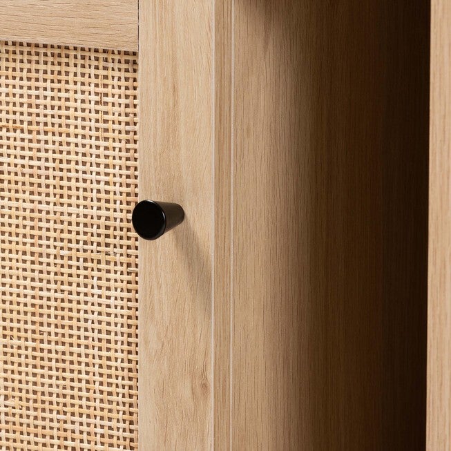 Sherwin Mid-Century Modern Light Brown And Black 1-Door Cabinet With Woven Rattan Accent, , alternate image number null