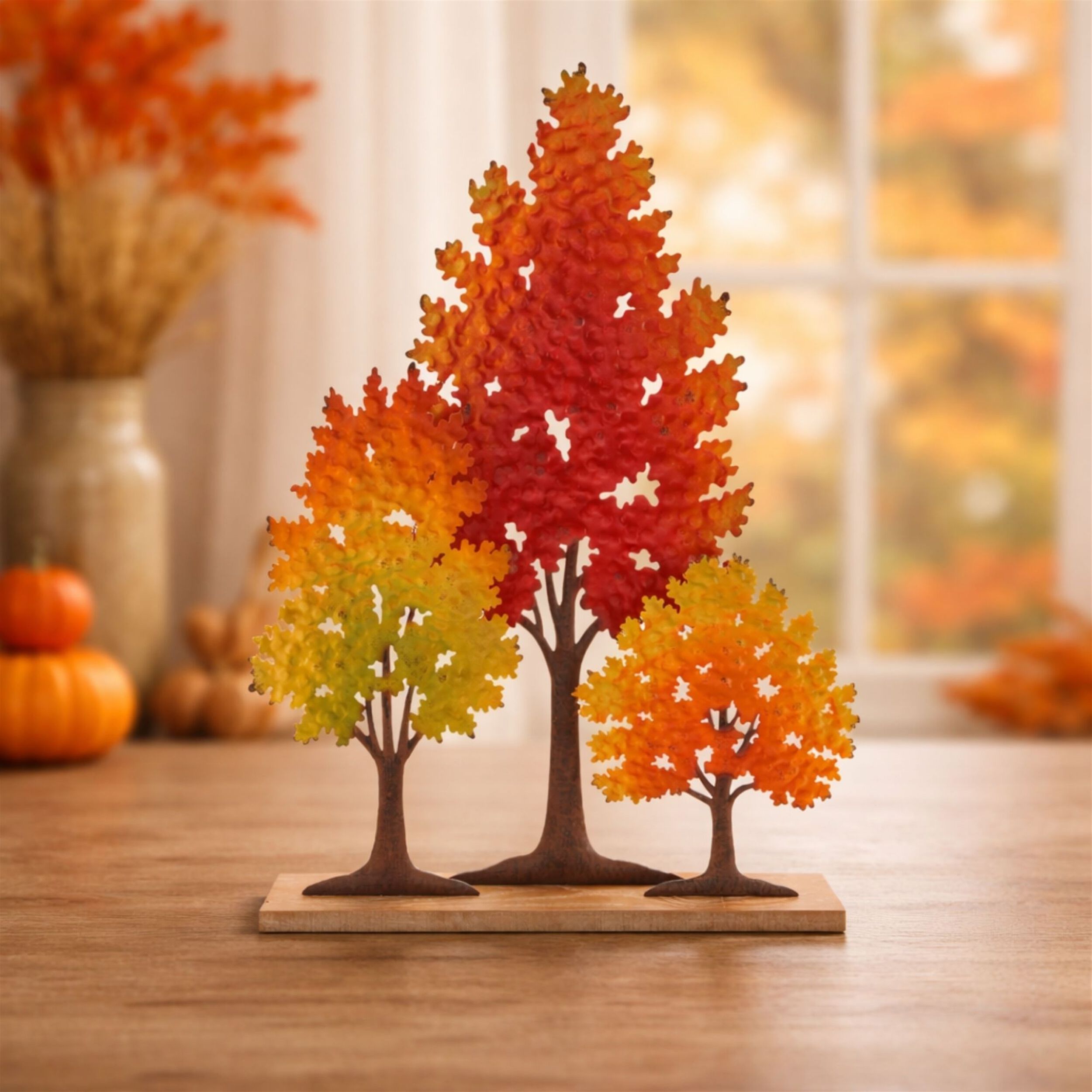 Cut-Out Metal Trees on Wood Base 24.5 inchesH, RED YELLO ORANGE, alternate image number 2