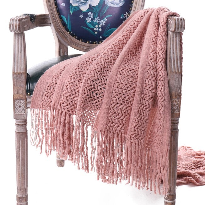 Battilo Home Solid Knit Mesh Tassels Throw Blanket Super Soft Warm Multi Color, 51 inches x 59 inches, PINK, hi-res image number null